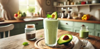 A pale green creamy coconut avocado smoothie in a tall glass, garnished with a slice of avocado and chia seeds, placed on a wooden table with a cozy kitchen background and soft natural lighting.