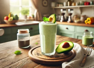 A pale green creamy coconut avocado smoothie in a tall glass, garnished with a slice of avocado and chia seeds, placed on a wooden table with a cozy kitchen background and soft natural lighting.