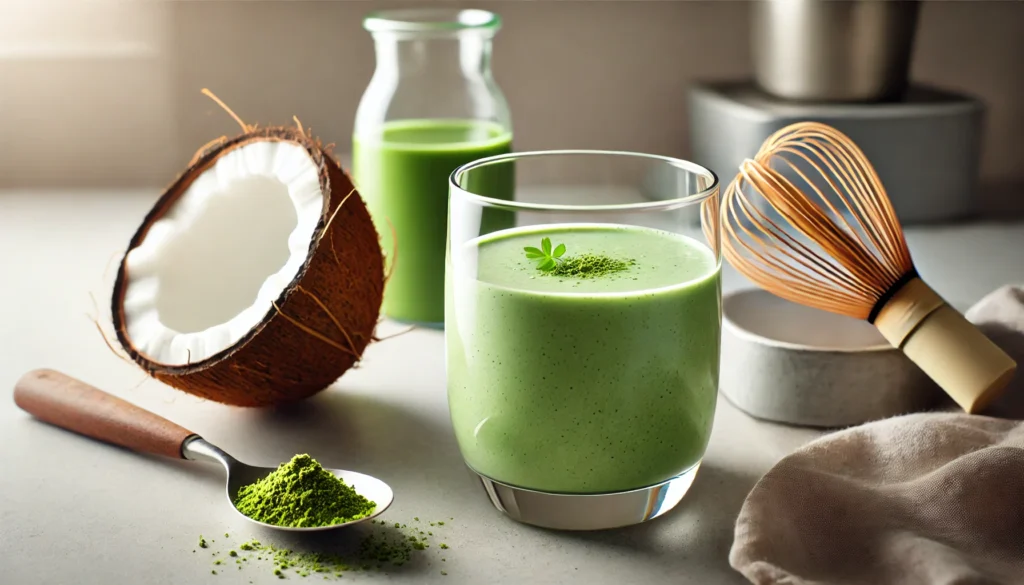 A creamy green smoothie made with matcha green tea and coconut milk, served in a clear glass with a coconut half and a matcha whisk beside it, set against a minimalistic kitchen background with soft natural lighting.