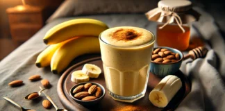 A creamy, golden smoothie in a clear glass, made with fenugreek, banana, almond milk, and cinnamon. The smoothie is garnished with a drizzle of honey and surrounded by fresh banana slices, almonds, a dish of almond butter, and fenugreek seeds in a cozy nighttime setting.