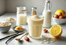 A pale yellow lemon almond smoothie on a marble countertop, surrounded by almond butter, a date, lemon halves, oat milk, vanilla pods, and ice cubes in a bright kitchen setting.