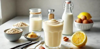 A pale yellow lemon almond smoothie on a marble countertop, surrounded by almond butter, a date, lemon halves, oat milk, vanilla pods, and ice cubes in a bright kitchen setting.
