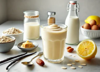 A pale yellow lemon almond smoothie on a marble countertop, surrounded by almond butter, a date, lemon halves, oat milk, vanilla pods, and ice cubes in a bright kitchen setting.