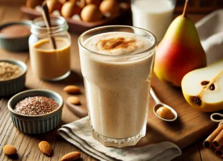 A creamy and energizing Creamy Pear & Almond Fuel Smoothie in a tall glass with a smooth beige color. Garnished with a sprinkle of cinnamon, the smoothie sits on a wooden surface alongside a ripe pear, a small dish of almond butter, flaxseeds, and a glass of almond milk, highlighting its protein-rich and energy-sustaining ingredients.