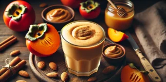 A thick and creamy persimmon smoothie garnished with cinnamon, surrounded by fresh persimmons, almonds, almond butter, and honey on a wooden surface, creating a warm and cozy nighttime atmosphere.