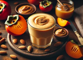 A thick and creamy persimmon smoothie garnished with cinnamon, surrounded by fresh persimmons, almonds, almond butter, and honey on a wooden surface, creating a warm and cozy nighttime atmosphere.