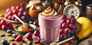 A creamy, purple-red smoothie in a clear glass, made with red grapes, almond milk, banana, and almond butter. The smoothie is garnished with a sprinkle of cinnamon and a drizzle of honey, surrounded by fresh ingredients in a warm, cozy setting.