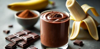 A dark chocolate banana power smoothie in a glass, with a rich, creamy texture and deep chocolate color. The smoothie is surrounded by a peeled banana, dark chocolate pieces, and a sprinkle of cinnamon. The setting is a clean and modern kitchen with soft natural lighting.