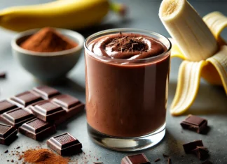 A dark chocolate banana power smoothie in a glass, with a rich, creamy texture and deep chocolate color. The smoothie is surrounded by a peeled banana, dark chocolate pieces, and a sprinkle of cinnamon. The setting is a clean and modern kitchen with soft natural lighting.