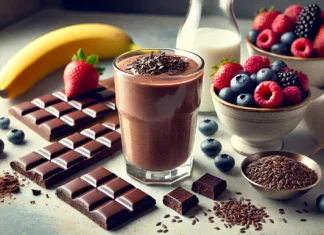 A deep chocolate smoothie in a glass, surrounded by dark chocolate pieces, mixed berries, banana, flaxseeds, and almond milk on a sunlit kitchen counter.