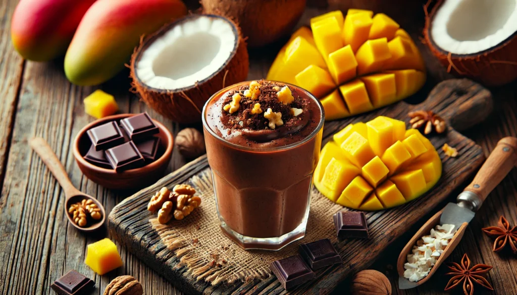 A tropical dark chocolate smoothie in a clear glass with a rich brown hue, placed on a rustic wooden table. The smoothie is topped with a sprinkle of crushed walnuts. Surrounding the glass are fresh mango slices, pineapple chunks, dark chocolate pieces, and a small dish of coconut milk, creating a vibrant and exotic presentation.