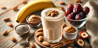 A creamy Date Almond Power Shake in a clear glass, surrounded by whole almonds, almond butter, a ripe banana, chia seeds, cinnamon powder, and Medjool dates on a wooden surface with soft natural lighting.