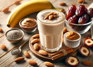 A creamy Date Almond Power Shake in a clear glass, surrounded by whole almonds, almond butter, a ripe banana, chia seeds, cinnamon powder, and Medjool dates on a wooden surface with soft natural lighting.