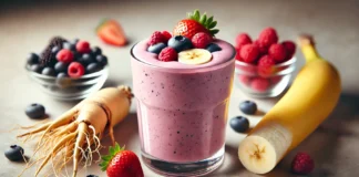 A vibrant smoothie made with ginseng, mixed berries, and banana, served in a clear glass with fresh blueberries, raspberries, strawberries, and a ginseng root arranged around it, set against a softly lit kitchen counter highlighting the fresh ingredients.
