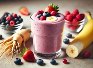 A vibrant smoothie made with ginseng, mixed berries, and banana, served in a clear glass with fresh blueberries, raspberries, strawberries, and a ginseng root arranged around it, set against a softly lit kitchen counter highlighting the fresh ingredients.