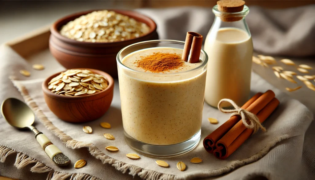 A thick, golden-brown smoothie in a clear glass, blending fenugreek and oats for a comforting bedtime drink. The smoothie is topped with cinnamon and placed alongside fenugreek seeds, a wooden bowl of oats, a cinnamon stick, and a bottle of oat milk in a warm and cozy setting.