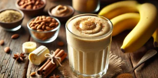 A creamy banana smoothie in a clear glass, made with fenugreek, banana, almond milk, peanut butter, and cinnamon, set on a rustic wooden surface with fresh ingredients nearby.