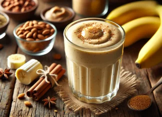 A creamy banana smoothie in a clear glass, made with fenugreek, banana, almond milk, peanut butter, and cinnamon, set on a rustic wooden surface with fresh ingredients nearby.