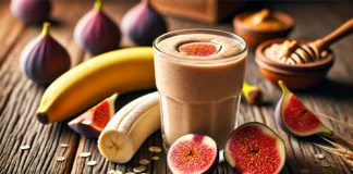A creamy post-workout smoothie in a glass, featuring a rich beige blend of figs, banana, and oat milk. The smoothie is placed on a rustic wooden surface with fresh figs, a peeled banana, and a drizzle of almond butter beside it, creating a nourishing and replenishing recovery atmosphere.