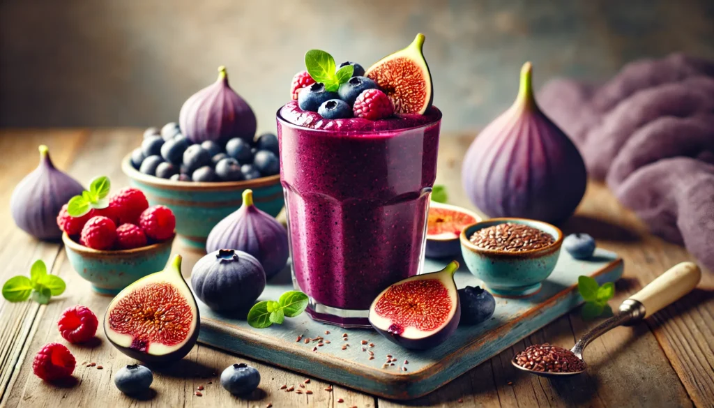 A vibrant berry-infused smoothie in a glass, featuring a deep purple blend of figs, blueberries, and raspberries. The smoothie is placed on a wooden surface with fresh figs, a handful of berries, and a small dish of flaxseeds beside it, highlighting the smoothie’s antioxidant and muscle-recovery benefits.