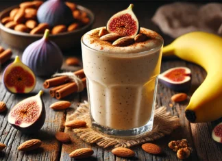 A creamy fig and almond smoothie in a tall glass, garnished with a sprinkle of cinnamon and surrounded by almonds, dried figs, and a banana. The smoothie has a rich, nutty texture and is placed on a rustic wooden table with warm lighting.