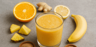 A golden-orange smoothie in a clear glass, surrounded by orange, lemon, banana, pineapple, ginger, and flaxseed, highlighting an energizing blend to support blood flow and vascular health.