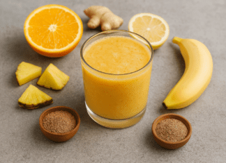 A golden-orange smoothie in a clear glass, surrounded by orange, lemon, banana, pineapple, ginger, and flaxseed, highlighting an energizing blend to support blood flow and vascular health.