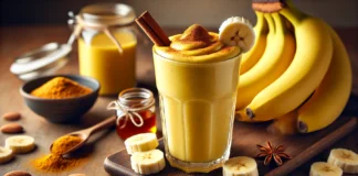 A vibrant ginseng power boost smoothie in a tall glass, deep creamy yellow in color, garnished with a banana slice and a sprinkle of cinnamon. The smoothie is placed on a wooden surface, surrounded by fresh bananas, a jar of almond butter, and a drizzle of honey, with a softly blurred background for an energizing feel.