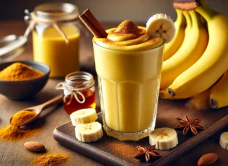 A vibrant ginseng power boost smoothie in a tall glass, deep creamy yellow in color, garnished with a banana slice and a sprinkle of cinnamon. The smoothie is placed on a wooden surface, surrounded by fresh bananas, a jar of almond butter, and a drizzle of honey, with a softly blurred background for an energizing feel.