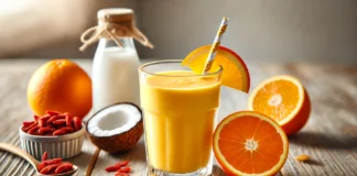 A bright orange citrus smoothie in a glass, surrounded by dried goji berries, fresh orange segments, a halved lemon, and a bottle of coconut water on a wooden surface. Soft natural lighting enhances the freshness of the ingredients.