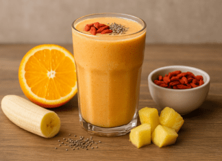 A vibrant heart-healthy smoothie made with goji berries, orange, banana, pineapple, coconut water, and chia seeds, presented with fresh fruit ingredients on a wooden surface.