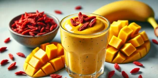 A vibrant golden-orange smoothie made with goji berries, mango, and banana, served in a clear glass with fresh mango slices, a banana, and dried goji berries arranged around it, set against a softly lit kitchen counter highlighting the fresh ingredients.