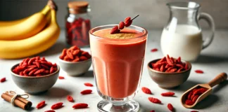 A vibrant red-orange goji berry smoothie in a clear glass, made with banana, almond milk, and cinnamon. Garnished with a few goji berries and cinnamon, set against a kitchen counter with dried goji berries, a banana, a glass of almond milk, and honey.