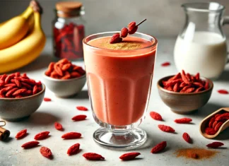 A vibrant red-orange goji berry smoothie in a clear glass, made with banana, almond milk, and cinnamon. Garnished with a few goji berries and cinnamon, set against a kitchen counter with dried goji berries, a banana, a glass of almond milk, and honey.