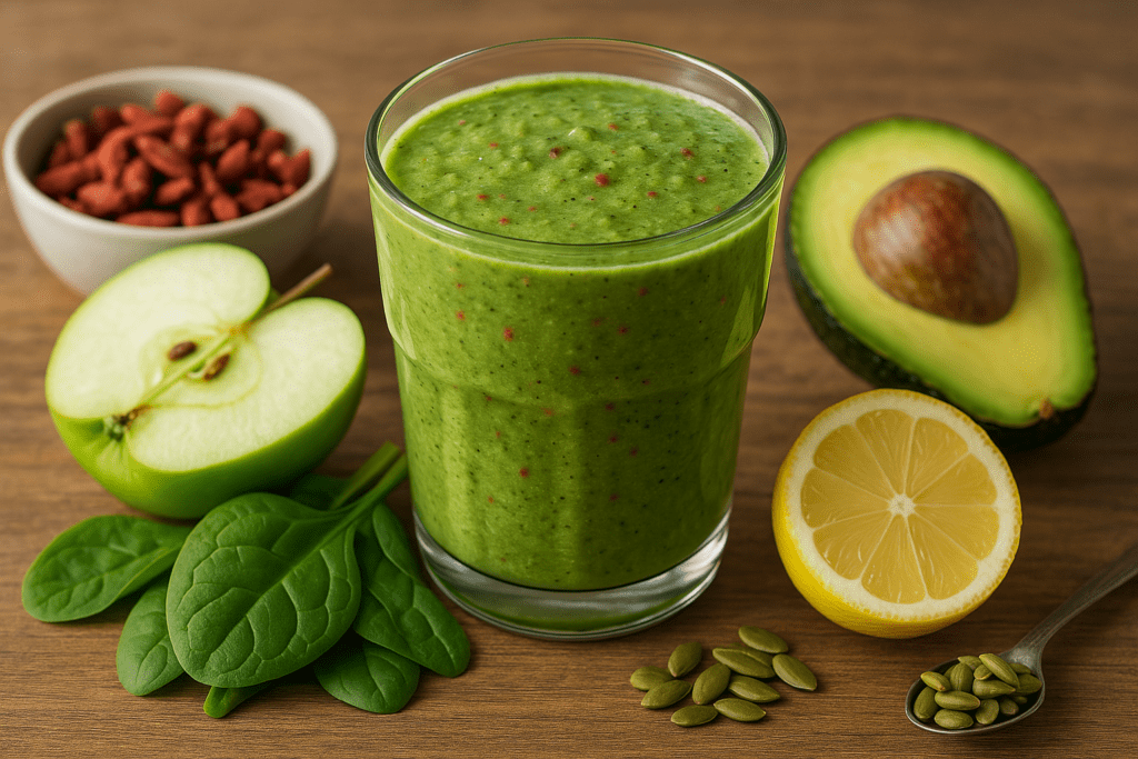 A vibrant green smoothie with goji berries, spinach, avocado, green apple, lemon, and pumpkin seeds, surrounded by fresh ingredients on a wooden table to emphasize heart-healthy nutrition.
