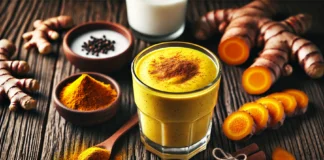 A golden turmeric smoothie in a clear glass with a creamy texture, placed on a rustic wooden table. The smoothie is garnished with a sprinkle of cinnamon and a banana slice, surrounded by fresh turmeric root, a small dish of black pepper, and coconut milk, creating a warm and inviting scene.