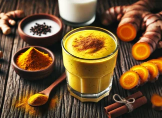 A golden turmeric smoothie in a clear glass with a creamy texture, placed on a rustic wooden table. The smoothie is garnished with a sprinkle of cinnamon and a banana slice, surrounded by fresh turmeric root, a small dish of black pepper, and coconut milk, creating a warm and inviting scene.