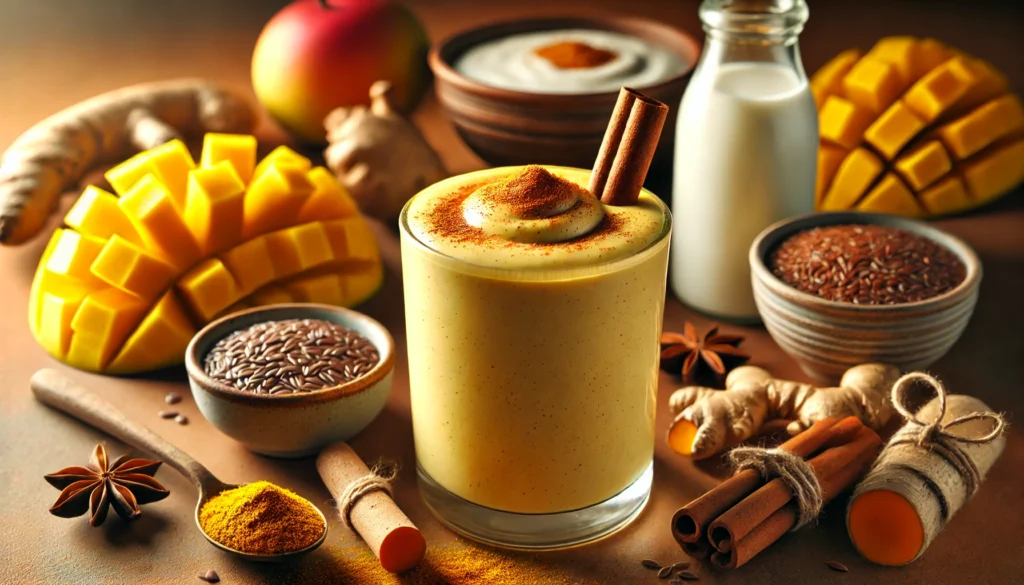 A golden cinnamon turmeric smoothie in a clear glass, topped with a light sprinkle of cinnamon. Surrounding the glass are turmeric root, cinnamon sticks, Greek yogurt, mango slices, flaxseeds, and a bottle of cashew milk, emphasizing brain-boosting ingredients.