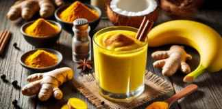 A golden yellow smoothie with cinnamon and turmeric, surrounded by ginger, banana, black pepper, coconut milk, and a cinnamon stick on a rustic wooden table.