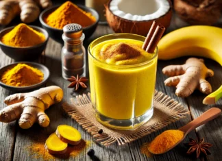 A golden yellow smoothie with cinnamon and turmeric, surrounded by ginger, banana, black pepper, coconut milk, and a cinnamon stick on a rustic wooden table.