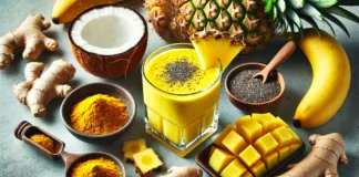A tropical turmeric smoothie in a clear glass surrounded by pineapple chunks, banana, chia seeds, grated ginger, turmeric powder, and coconut water—designed to reduce inflammation and support heart health with curcumin and bromelain.