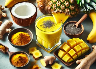 A tropical turmeric smoothie in a clear glass surrounded by pineapple chunks, banana, chia seeds, grated ginger, turmeric powder, and coconut water—designed to reduce inflammation and support heart health with curcumin and bromelain.