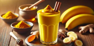 A creamy and vibrant golden recovery smoothie in a tall glass, deep yellow in color, garnished with a sprinkle of cinnamon and a slice of banana. The smoothie is placed on a wooden surface, surrounded by fresh turmeric root, a small dish of honey, and a dusting of ginger powder, creating a warm and soothing feel.
