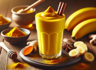 A creamy and vibrant golden recovery smoothie in a tall glass, deep yellow in color, garnished with a sprinkle of cinnamon and a slice of banana. The smoothie is placed on a wooden surface, surrounded by fresh turmeric root, a small dish of honey, and a dusting of ginger powder, creating a warm and soothing feel.