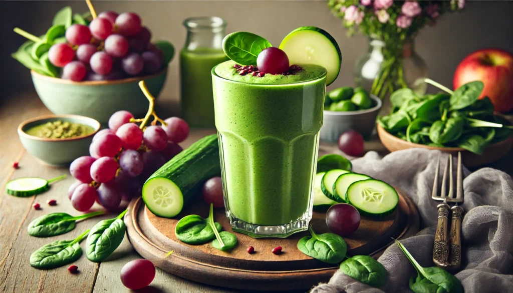 A rich greenish-purple smoothie in a tall glass, garnished with fresh red grapes and a slice of green apple, set on a rustic kitchen counter with soft natural lighting.