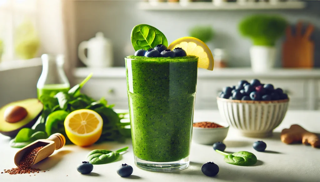 A refreshing greenish-purple smoothie in a tall glass, garnished with fresh blueberries and a lemon slice, set on a bright kitchen counter with soft natural lighting.