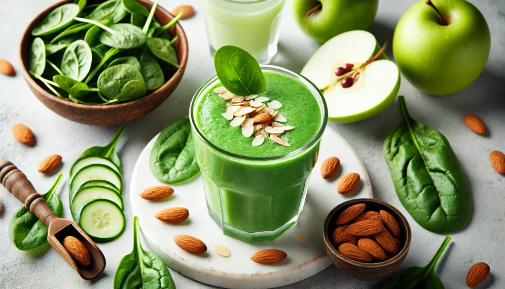 A vibrant green almond smoothie in a clear glass, placed on a white marble countertop. The smoothie is garnished with a slice of green apple and a sprinkle of crushed almonds. Surrounding the glass are fresh spinach leaves, half an apple, a sliced cucumber, and a small bowl of coconut water, creating a fresh and invigorating scene.