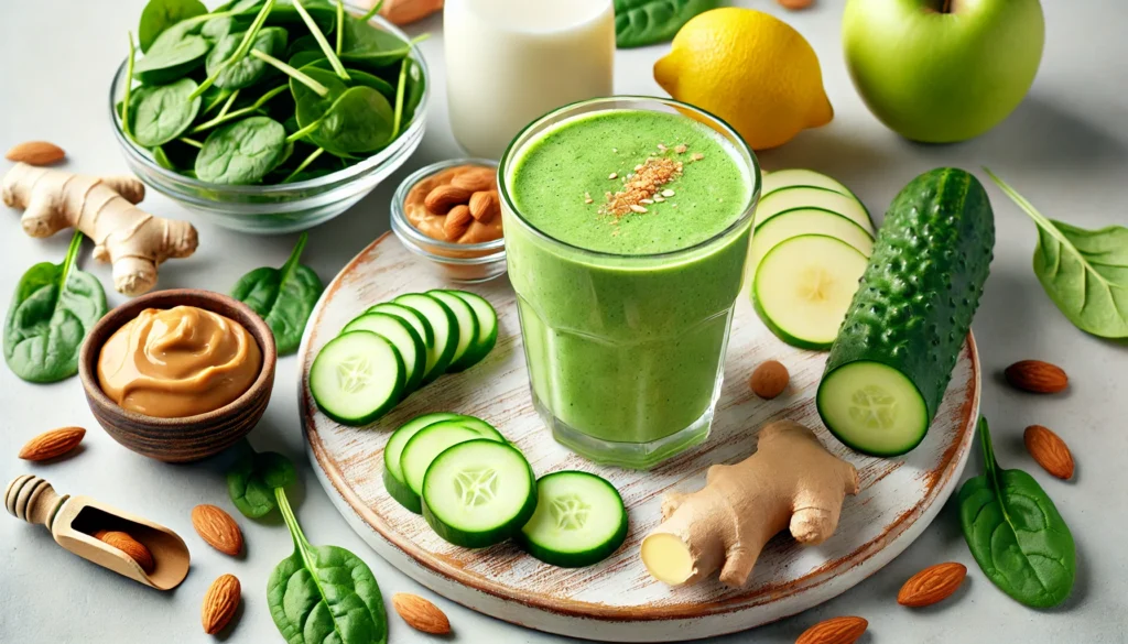 A vibrant green almond detox smoothie surrounded by spinach, green apple, cucumber, lemon, fresh ginger, almond butter, and almond milk—designed to cleanse the system and support healthy triglyceride and cholesterol levels naturally.