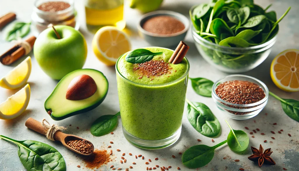A vibrant green smoothie made with green apple, spinach, avocado, lemon, flaxseed, and cinnamon, set among its fresh ingredients on a clean counter—perfect for blood sugar balance and vascular support.