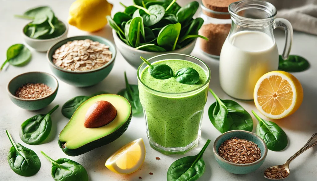 A crisp green smoothie in a glass, surrounded by green apple slices, spinach, avocado, lemon halves, ground flaxseeds, and oat milk on a bright kitchen counter.